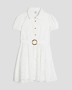 Girls White Broderie Belted Shirt Dress