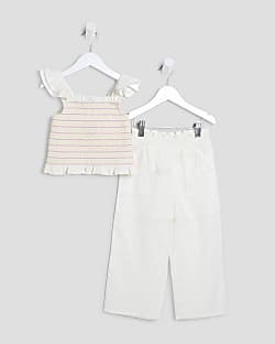 Mini Girls White Shirred Sleeveless Top Set
