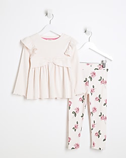 Mini Girls Pink Ribbed Rose Peplum Top Set