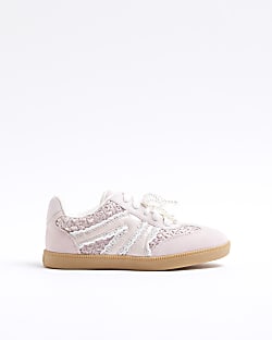 Girls Pink Raffia Pearl Trainers