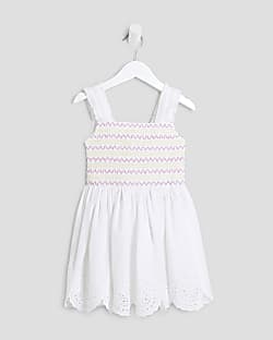 Mini Girls White Broidery Hem Skater Dress