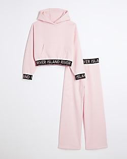 Girls Pink Glitter RI Hoodie And Joggers Set River Island