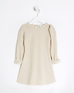 Mini Girls Cream Long Sleeve Skater Dress