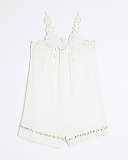 Girls White Crochet Trim Beach Playsuit