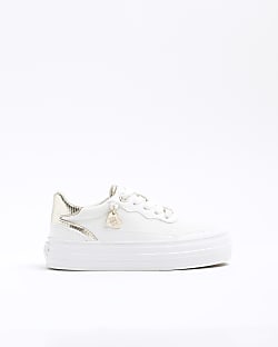 Girls White Faux Leather Lace Up Trainers