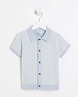 Mini Boys Blue Textured Revere Polo Shirt