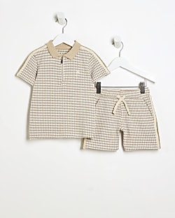 Mini Boys Beige Taped Polo Shirt Set