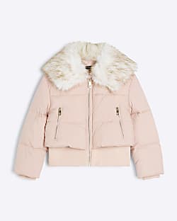 Girls Pink Short Padded Faux Fur Trim Coat