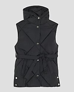 Girls Black Belted Hooded Gilet