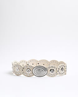 Girls Cream Faux Leather Western Disc Belt