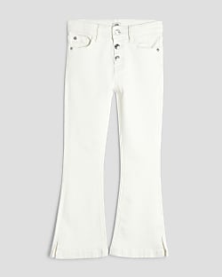 Girls White Denim Button Front Flared Jeans