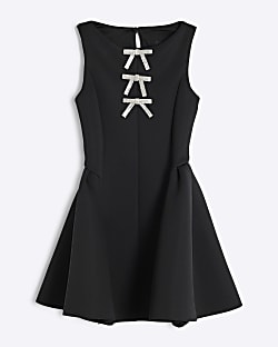 Girls Black Scuba Diamante Bow Skater Dress
