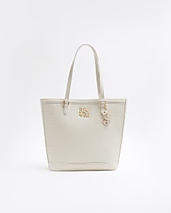Girls Cream Faux Leather Weave Shoulder Bag