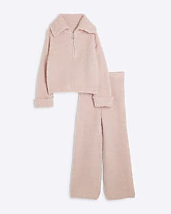 Girls Pink Boucle Funnel Jumper Wide Leg Set