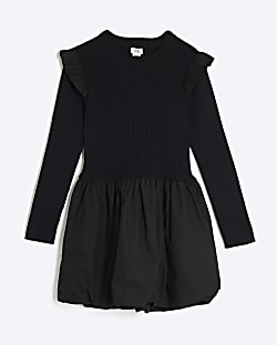 Girls Black Long Sleeve Bubble Hem Dress
