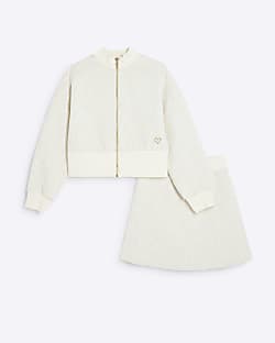 Girls Cream Jacquard Bomber And Skirt Set