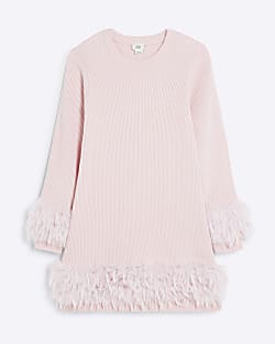 Girls Pink Ribbed Knit Feather Jumper Dress