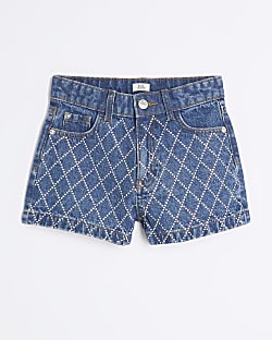 Girls Blue Denim Diamante Mom Shorts