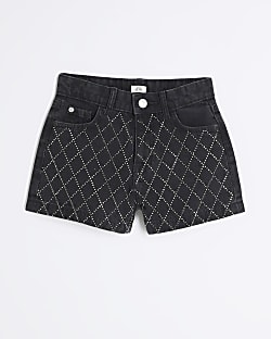 Girls Black Diamante Mom Shorts