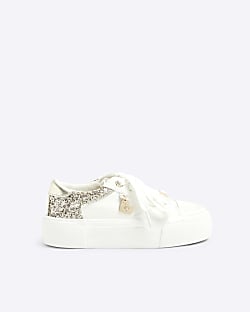 Girls rose gold glitter lace up trainers River Island