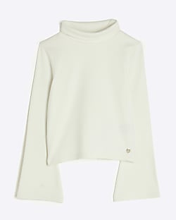 Girls Beige Roll Neck Long Sleeve Top