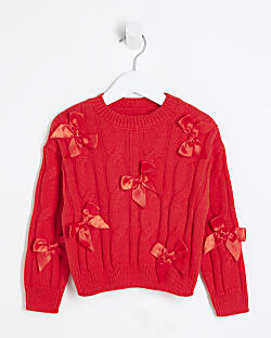 Mini Girls Red Cable Knit Bow Jumper