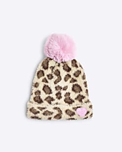Mini Girls Beige Leopard Pom Pom Beanie Hat