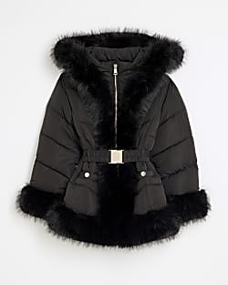 Girls black belted coat clearance