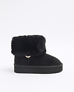 Girls Black Faux Fur Cuff Slip On Boots