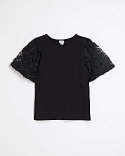 Girls black floral mesh sleeve t-shirt