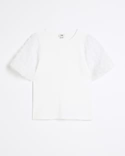 Girls white floral mesh sleeve t-shirt