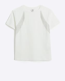 Girls white diamante fringe t-shirt