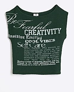 Girls green textured graphic crop top