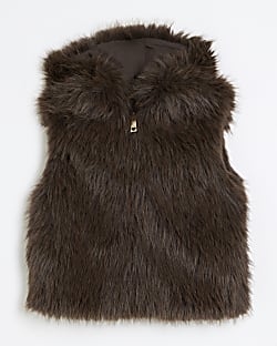 Girls Brown Faux Fur Hooded Gilet River Island