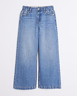 Girls Blue Denim Wide Leg Jeans River Island