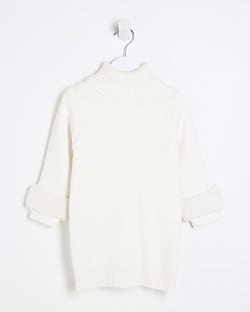 Mini Girls Cream Faux fur cuff dress