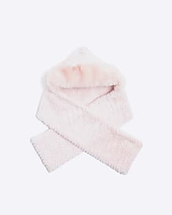 Girls Pink Faux Fur Hooded Scarf