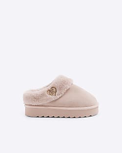 Girls Pink Faux Fur Closed Toe Slippers
