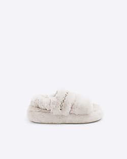 Girls Cream Faux Fur Open Toe Slipper