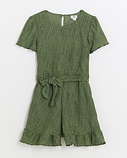 Girls khaki texture belted playsuit