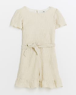 Girls Cream texture belted playsuit