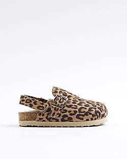 Mini girls brown leopard buckle clogs