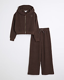 Girls Brown Zip Hoodie Loungewear Set