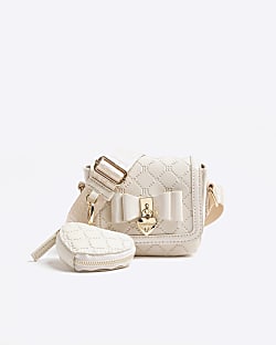 Girls Cream Faux Leather Bow Cross Body Bag