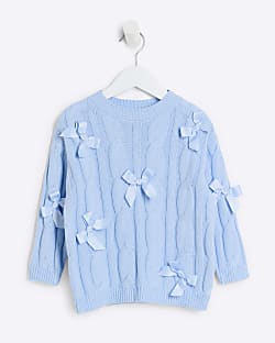 Mini Girls blue cable knit bow jumper