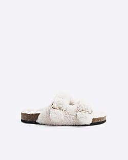 Girls Cream Borg Footbed Slippers River Island