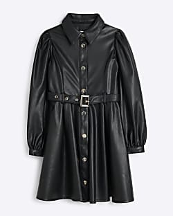 Girls Red Faux Leather Godet Shirt Dress River Island
