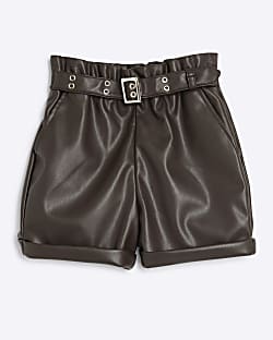 Girls brown faux leather belted shorts