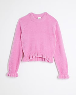 Girls pink fluff knit jumper River Island