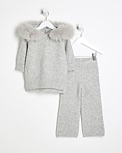 Mini Girls Grey Ribbed Hooded Wide Leg Set